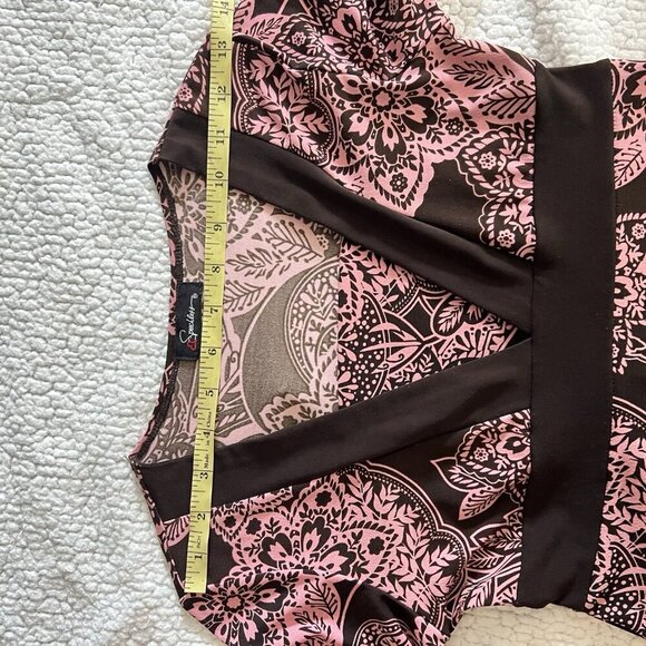 VTG Speechless y2k Babydoll Midi Dress XS Stretchy Brown Pink Asymmetrical - Picture 9 of 10